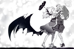2girls blue_archive closed_eyes dancing demon_horns demon_wings dress elbow_gloves gloves hand_on_another&#039;s_back hand_on_another&#039;s_shoulder happy highres hina_(blue_archive) hina_(dress)_(blue_archive) holding_hands horns hoshino_(armed)_(blue_archive) hoshino_(blue_archive) looking_at_another manmaderain monochrome multiple_girls open_mouth ponytail school_uniform shoes smile socks tactical_school_uniform white_socks wings yuri