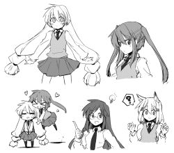 Rule 34 | &gt; &lt;, 4girls, = =, ?, animal ears, aono makishi, closed eyes, glasses, greyscale, hair ornament, hairclip, heart, light bulb, long hair, lysander z, monochrome, multiple girls, nanase yae, necktie, niwatazumi keiko, school uniform, skirt, smile, torikoro, twintails, very long hair, yuzaki tatami
