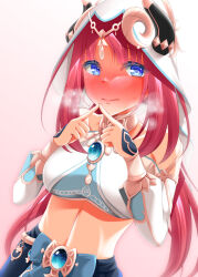 1girl bare_shoulders black_horns blue_brooch blue_eyes blue_skirt blush breasts brooch closed_mouth commentary_request crop_top detached_sleeves fake_horns genshin_impact gradient_background harem_outfit horns index_fingers_together jewelry long_hair looking_at_viewer medium_breasts midriff narukami_ginryuu nilou_(genshin_impact) pink_background red_hair skirt solo upper_body veil white_sleeves white_veil