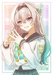 1girl absurdres black_hairband black_ribbon blush bow bowtie english_text firefly_(honkai:_star_rail) firefly_(spring_missive)_(honkai:_star_rail) gradient_eyes gradient_hair green_bow green_bowtie green_pupils grey_hair grey_sailor_collar grey_skirt hair_between_eyes hair_intakes hair_ornament hair_ribbon hairband highres honkai:_star_rail honkai_(series) long_hair multicolored_eyes multicolored_hair open_mouth plaid_bow plaid_bowtie plaid_clothes plated_beetle_(metroid) ribbon sailor_collar skirt smile solo steepled_fingers teeth uminato