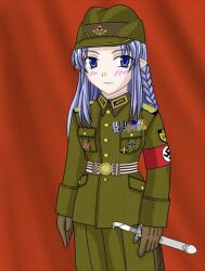 1girl armband belt belt_buckle blue_eyes blue_hair blush braid buckle fate/grand_order fate/stay_night fate_(series) german_clothes germany holding holding_knife knife long_hair medal medea_(caster)_(fate) medea_(fate) military_uniform nazi non-web_source nymph pointy_ears red_armband red_background solo swastika world_war_ii