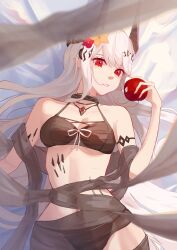 1girl absurdres aoi_tooru apple arknights bare_shoulders bikini bitten_apple black_bikini breasts cowboy_shot flower food food_bite fruit hair_flower hair_ornament highres holding holding_food holding_fruit horns infection_monitor_(arknights) jewelry long_hair lying material_growth mudrock_(arknights) mudrock_(silent_night)_(arknights) navel necklace official_alternate_costume on_back oripathy_lesion_(arknights) parted_lips red_eyes solo swimsuit white_hair yellow_flower