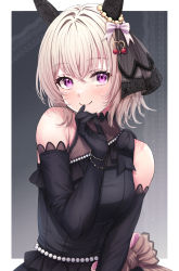 1girl animal_ears bare_shoulders black_dress black_gloves blush commentary_request curren_chan_(sakutsuki_ma_cherie)_(umamusume) curren_chan_(umamusume) dress ear_covers elbow_gloves gloves grey_background grey_hair hair_ornament highres horse_ears horse_girl lace purple_eyes sakuno_(sksk_sakuno) smile solo the_promised_time:_silks_&amp;_three_riddles_(umamusume) two-tone_background umamusume upper_body white_background