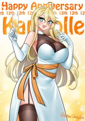Rule 34 | 1girl, absurdres, alternate costume, anniversary, black thighhighs, blonde hair, blue eyes, breasts, champagne flute, commentary, copyright name, cup, dress, drinking glass, elbow gloves, english commentary, garter straps, gloves, gradient background, hair between eyes, highres, iowa (kancolle), kantai collection, katou shinobu, large breasts, long hair, orange ribbon, ribbon, solo, thighhighs, turtleneck, turtleneck dress, white dress, white gloves, yellow background