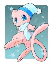 Rule 34 | animal focus, animal hands, blue background, blue eyes, blue hat, blue scarf, border, cat, closed mouth, floating, full body, gen 1 pokemon, hat, highres, legendary pokemon, looking at viewer, mew (pokemon), mythical pokemon, nintendo, no humans, otyappa tyabatyaba, pawpads, pink fur, pokemon, pokemon (creature), scarf, simple background, smile, snowflakes, solo, tail, white border