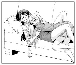 2girls bang_dream! bang_dream!_it&#039;s_mygo!!!!! between_legs closed_mouth commentary_request couch cuddling cushion greyscale hanasakigawa_school_uniform holding_own_arm kaname_raana korean_commentary long_sleeves monochrome multiple_girls neonfloyd on_couch parted_lips pleated_skirt sailor_collar school_uniform shiina_taki shirt skirt sleeping sleeping_on_person sweatdrop yuri zzz
