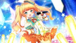 Rule 34 | 1girl, :d, aqua eyes, blonde hair, blue eyes, blunt bangs, blurry, blurry background, blush, bow, commission, dutch angle, fang, glowstick, hand up, hat, highres, holding, holding microphone, idol, idol clothes, layered skirt, long hair, looking at viewer, microphone, mini hat, mini top hat, open mouth, orange skirt, original, puffy short sleeves, puffy sleeves, shiro9jira, shirt, short sleeves, sidelocks, skeb commission, skirt, skirt hold, smile, solo, sparkle, star (symbol), tilted headwear, top hat, twintails, v, white shirt, wrist cuffs