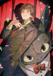 2boys artist_name black_pants black_suit bow bowtie brown_hair commentary dragon english_commentary formal_clothes freckles green_shirt hiccup_horrendous_haddock_iii how_to_train_your_dragon_(series) kadeart looking_at_viewer male_focus multiple_boys necktie pants red_bow red_bowtie shirt smile spotlight suit tongue tongue_out toothless