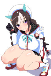 Rule 34 | 1girl, absurdres, animal ears, asymmetrical gloves, black gloves, black skirt, braid, breasts, brown hair, closed mouth, collarbone, gloves, hair ribbon, highres, hokko tarumae (umamusume), horse ears, horse girl, ice nine, long hair, looking at viewer, medium breasts, mismatched gloves, multicolored hair, pleated skirt, purple eyes, ribbon, shirt, shoes, sidelocks, simple background, skirt, smile, solo, squatting, streaked hair, thighs, twin braids, two-tone hair, umamusume, white background, white gloves, white hair, white shirt, white shoes, white skirt