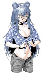 1girl agemmata animal_ears bear_ears bear_girl black-framed_eyewear black_choker blue_eyes breasts checkered_clothes checkered_shirt choker cleavage collarbone commentary cowboy_shot cropped_legs english_commentary fujikura_uruka glasses grey_pants groin highres large_breasts long_hair looking_at_viewer midriff navel open_fly open_mouth pants phase_connect semi-rimless_eyewear shirt simple_background solo thick_eyebrows tied_shirt under-rim_eyewear very_long_hair virtual_youtuber white_background wristband