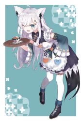 1girl ahoge animal_ears aqua_eyes blue_background blush boots bow breasts commentary_request cup detached_sleeves dress floral_print flower fox_ears fox_girl fox_tail frilled_dress frilled_sleeves frills from_side hair_flower hair_ornament hand_on_own_hip highres holding holding_tray hololive leaning_forward legs_apart long_hair looking_at_viewer medium_breasts one_eye_closed open_mouth saucer shirakami_fubuki shirakami_fubuki_(8th_costume) short_twintails simple_background smile solo standing suzufa tail tea teacup thighhighs tray twintails virtual_youtuber white_thighhighs