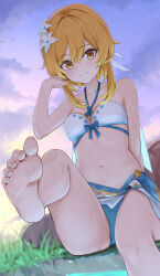 Rule 34 | 1girl, barefoot, belly, bikini, blonde hair, blue bikini, cloud, cloudy sky, feet in water, feet out of frame, flower, flower on head, genshin impact, grass, hair ornament, highres, looking at viewer, lumine (genshin impact), lumine (hot springs) (genshin impact), navel, night, night sky, onsen, opm7760, pale skin, rock, short hair, sky, smile, soles, swimsuit, thighs, water, white bikini, yellow eyes