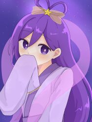Rule 34 | 1girl, alternate costume, alternate hairstyle, backlighting, blush, bow, bright pupils, commentary request, covered mouth, double-parted bangs, flat chest, frilled sleeves, frills, hair behind ear, hair between eyes, hair bow, highres, japanese clothes, kimono, long hair, long sleeves, looking at viewer, mari (headspace) (omori), mari (omori), omori, outdoors, purple eyes, purple hair, purple kimono, purple sky, purple theme, ribbon hair, ryo pen17, simple background, sky, sleeves past fingers, sleeves past wrists, solo, star (sky), starry sky, straight hair, upper body, very long hair, white pupils, yellow bow