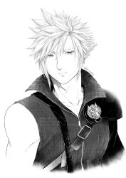 1boy absurdres belt_buckle buckle closed_mouth cloud_strife collarbone detached_sleeves earrings fenrir_(final_fantasy) final_fantasy final_fantasy_vii final_fantasy_vii_advent_children greyscale hair_between_eyes highres jewelry kirinomon looking_at_viewer male_focus monochrome ribbed_shirt shirt short_hair single_bare_shoulder single_detached_sleeve single_shoulder_pad sleeveless sleeveless_shirt solo spiked_hair stud_earrings twitter_username upper_body white_background