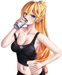 1girl absurdres black_pants black_tank_top blonde_hair blue_eyes breasts cleavage collarbone commentary_request drinking durandal_(dea_anchora)_(honkai_impact) durandal_(honkai_impact) durandal_(pumping_heart)_(honkai_impact) highres holding_thermos honkai_(series) honkai_impact_3rd korean_commentary large_breasts long_hair looking_at_viewer midriff navel official_alternate_costume pants ponytail pyeong_il simple_background solo sweat tank_top thermos very_long_hair white_background yoga_pants
