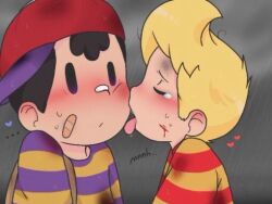 awkward bad_tag black_hair blonde_hair child hat licking lovemysockhead12 lucas_(mother_3) male_focus mother_(series) mother_2 mother_3 ness_(mother_2) nintendo red_hat shirt shota striped_clothes striped_shirt super_smash_bros. tongue tongue_out yaoi