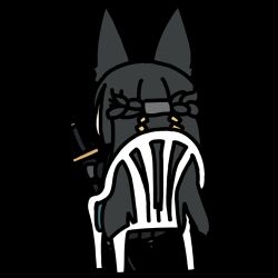 1girl animal_ears animated animated_gif black_hair braid chibi chibi_only commentary devil_may_cry_(series) fox_ears fox_girl from_behind half_up_braid holding holding_sword holding_weapon hoshimi_miyabi long_hair lowres meme monobloc_(chair) on_chair seseren simple_background sitting solo sword vergil&#039;s_chair_(meme) weapon white_background zenless_zone_zero