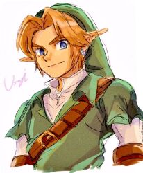 1boy artist_name belt belt_buckle blonde_hair blue_eyes brown_belt brown_gloves buckle chest_belt closed_mouth collared_shirt commentary_request cropped_torso curtained_hair earrings gloves green_hat green_tunic hat jewelry layered_sleeves link long_pointy_ears long_sleeves looking_to_the_side male_focus msk3284tloz nintendo piercing pointy_ears popped_collar shirt short_over_long_sleeves short_sleeves sideways_glance simple_background smile solo the_legend_of_zelda the_legend_of_zelda:_ocarina_of_time thick_eyebrows tunic white_background white_shirt