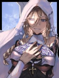 1girl :d aponia_(honkai_impact) black_dress blue_eyes blue_sky breasts brown_hair cloud cloudy_sky dress grin hair_between_eyes honkai_(series) honkai_impact_3rd large_breasts long_hair long_sleeves looking_at_viewer mole mole_under_eye nun open_mouth sky smile solo teeth upper_body veil yyyyyukali