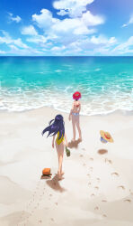2girls absurdres amate_yuzuriha ass bare_arms bare_legs bare_shoulders barefoot beach bikini blue_sky cloud cloudy_sky commentary conch_(gundam) day facing_away feet floating_hair footprints from_behind gundam gundam_gquuuuuux haro hashtag-only_commentary hat highres holding holding_unworn_clothes holding_unworn_hat horizon long_hair looking_afar multiple_girls non-humanoid_robot nyaan_(gundam_gquuuuuux) ocean one-piece_swimsuit outdoors purple_hair robot sand shore short_hair sky standing straw_hat sun_hat swimsuit unworn_hat unworn_headwear very_long_hair walking water white_bikini yellow_one-piece_swimsuit zonotaida