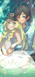 1boy 1girl absurdres alternate_costume b_(kana0816) black_hair blonde_hair blue_jacket borrowed_accessory braid closed_mouth commentary commission creatures_(company) day dress eyelashes game_freak grass green_eyes grey_eyes highres hug hug_from_behind jacket light_rays lillie_(pokemon) long_hair nintendo outdoors pokemon pokemon_sm short_hair sleeveless sleeveless_dress smile tree twin_braids wristband