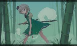 Rule 34 | 1girl, absurdres, ascot, bamboo, bamboo forest, black ascot, black hairband, collared shirt, forest, green eyes, hairband, highres, holding, holding knife, knife, konpaku youmu, konpaku youmu (ghost), kornod, looking at viewer, medium hair, nature, shirt, short sleeves, solo, touhou, white hair, white shirt