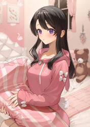 1girl animal_ears animal_hood black_hair blurry blurry_background bow breasts closed_mouth collarbone commentary_request curtains depth_of_field drawstring fake_animal_ears hood hood_down hoodie hu_kotora indoors long_hair long_sleeves looking_at_viewer medium_breasts original pink_hoodie purple_eyes rabbit_ears rabbit_hood seiza sitting sleeves_past_wrists solo stuffed_animal stuffed_toy teddy_bear white_bow window
