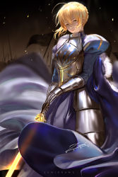 1girl armor armored_dress artoria_pendragon_(fate) blonde_hair blue_dress braid braided_bun dress excalibur_(fate/stay_night) fate/stay_night fate_(series) faulds floating_hair gauntlets green_eyes hair_between_eyes hair_bun head_tilt holding holding_sword holding_weapon looking_at_viewer saber_(fate) short_hair signature solo standing sword watermark weapon zumi_(zumidraws)
