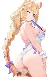 1girl animal_ears ass bare_shoulders blonde_hair blue_eyes blush bow braid breasts folding_fan from_behind from_below hair_bow hand_fan highres huge_ass jewelry leotard long_hair looking_at_viewer looking_back looking_down medium_breasts one_eye_closed sideboob smile solo sopralto thighlet very_long_hair virtual_youtuber wink