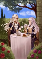 Rule 34 | 2girls, artist name, blue sky, blurry, blurry background, brick wall, bush, cake, capelet, center opening, chair, cloud, cloudy sky, commentary, couple, cup, dress, edelgard von hresvelg, elbow rest, english commentary, fire emblem, fire emblem: three houses, flower, food, garreg mach monastery uniform, gloves, hair between eyes, hair down, hair flowing over, hair ribbon, hands up, highres, holding, holding weapon, long hair, long sleeves, looking at another, looking to the side, lysithea von ordelia, multiple girls, nintendo, on chair, outdoors, parted bangs, parted lips, pink eyes, plate, puffy long sleeves, puffy sleeves, purple eyes, purple flower, purple hair, purple ribbon, purple rose, red capelet, red flower, red rose, ribbon, rose, schereas, shade, sitting, sky, sweets, table, tablecloth, teacup, teapot, tree, weapon, white gloves, wide sleeves, wind, yuri
