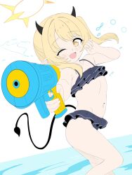 1girl armpit_crease ass bikini black_bikini blonde_hair blue_archive dipa frilled_bikini frills highres ibuki_(blue_archive) navel no_wings one_eye_closed open_mouth solo stomach swimsuit water water_gun
