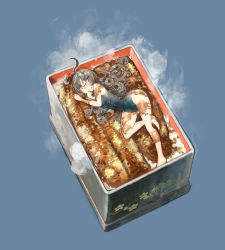 1girl black_hair eel female_focus food glasses highres in_food konno_takashi_(frontier_pub) long_hair mini_person minigirl original sauce school_swimsuit solo swimsuit