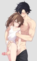 Rule 34 | 1boy, 1girl, :o, alternate costume, bar censor, black hair, black pants, blush, breasts, brown hair, censored, closed eyes, clothed sex, clothing aside, cowboy shot, eiyuu densetsu, erection, green eyes, grey background, grinding, hair between eyes, hakuleg, half-closed eyes, hand under clothes, hand under swimsuit, hetero, highres, long hair, looking back, one-piece swimsuit, pants, parted lips, penis, ponytail, pussy juice, rean schwarzer, sen no kiseki (series), short hair, simple background, single off shoulder, size difference, small breasts, standing, strap slip, swimsuit, swimsuit aside, topless male, towa herschel, white one-piece swimsuit