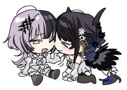 &gt;_&lt; 2girls black_hair black_horns black_shoes black_wings blunt_bangs blush cheek-to-cheek chibi chibi_only demon_horns dress feathered_wings flower frilled_dress frills hair_ornament heads_together hololive hololive_english horn_flower horns long_hair low_wings multicolored_hair multiple_girls nerissa_ravencroft one_eye_closed shiori_novella shoes sitting split-color_hair tassel tassel_hair_ornament white_dress white_hair wings yellow_eyes yomosaka