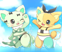 2girls :3 :d animal_ears beatcats bikini black_bow blue_eyes blush bow cat_ears cat_girl cat_tail cloud commentary_request emma_(beatcats) fangs fluffy freckles furry furry_female green_bikini green_fur leaf_print lion_tail multiple_girls one_eye_closed open_mouth outdoors pawpads pink_eyes remoa_(kuremoa3912) rico_(beatcats) sanrio sarong shortstack sky smile splashing stitches swimsuit tail water white_bikini yellow_fur