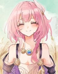1girl ame_00531 breasts cleavage closed_eyes closed_mouth coat commentary_request cyrene_(honkai:_star_rail) dress green_sky hair_ornament honkai:_star_rail honkai_(series) jewelry medium_hair multicolored_hair necklace outdoors pink_hair purple_coat sky small_breasts smile solo two-tone_hair wheat wheat_field white_dress white_hair