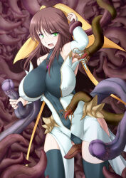1girl armpits black_thighhighs breasts brown_hair cameltoe covered_erect_nipples green_eyes hair_ribbon hassen_(8cm) huge_breasts imminent_rape impossible_clothes kagano_megu leotard long_hair mahou_shoujo_ai open_mouth ribbon skin_tight solo tentacles thighhighs