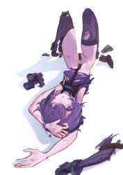 1girl absurdres bdsm beyond_citadel bondage bound breasts crop_top crotch_rope deeporbitalsky highres looking_at_viewer lying martyr_(the_citadel) medium_hair navel on_back open_mouth purple_eyes purple_hair purple_thighhighs shirt solo the_citadel thighhighs torn_clothes torn_shirt torn_thighhighs underboob