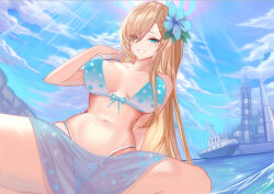 1girl asuna_(blue_archive) bikini blonde_hair blue_archive blue_bikini blue_eyes blue_sarong breasts chinese_commentary commentary_request day diaoao_bugaoxing eyes_visible_through_hair large_breasts long_hair multi-strapped_bikini_bottom outdoors polka_dot polka_dot_bikini sarong see-through_clothes see-through_sarong skirt smile solo spread_legs summer swimsuit variant_set very_long_hair water