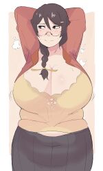 1girl absurdres arms_up black_hair black_skirt blush braid breasts cleavage fat glasses hanekawa_tsubasa highres huge_breasts large_breasts long_hair monogatari_(series) naoetsu_high_school_uniform napolitane navel nervous_smile open_clothes open_shirt pink_shirt plump school_uniform semi-rimless_eyewear shirt simple_background skirt smile solo steam sweat sweaty_clothes twin_braids under-rim_eyewear