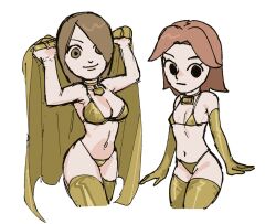 Rule 34 | 2girls, bikini, brown eyes, brown hair, choker, cloak, gold bikini, mii (nintendo), mii gunner, multiple girls, nintendo, oshirimarsh, smile, super smash bros., swimsuit, thighhighs
