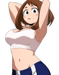 1girl absurdres arms_up artist_name blue_pants boku_no_hero_academia breasts brown_eyes brown_hair cleavage highres large_breasts looking_at_viewer medium_hair navel nude_filter_request open_mouth pants simple_background solo sports_bra sweat tsuranukko uraraka_ochako white_background white_sports_bra