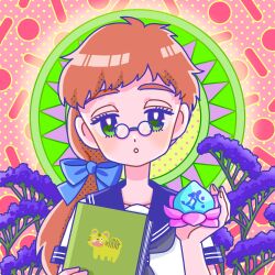 Rule 34 | 1girl, blue bow, book, bow, eyelashes, fingernails, flower, fujishima moyu, glasses, green eyes, hair bow, highres, holding, holding book, long hair, looking at viewer, lotus, original, parted lips, purple flower, round eyewear, sailor collar, school uniform, serafuku, solo