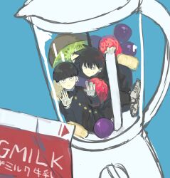 2boys black_eyes black_hair blender_(object) blue_background blueberry bowl_cut brothers closed_mouth food fruit gakuran highres inuwaooon kageyama_ritsu kageyama_shigeo kiwi_(fruit) long_sleeves milk_carton mob_psycho_100 multiple_boys school_uniform shoes short_hair siblings spiked_hair strawberry