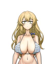1girl bags_under_eyes bikini blonde_hair blue_bow bow braid breasts cleavage closed_mouth commentary_request cookie_(touhou) expressionless frilled_bikini frills hair_bow jigoku_no_soko_de_coffee_wo_nomu_neko kirisame_marisa large_breasts long_hair mars_(cookie) navel side_braid simple_background single_braid solo swimsuit touhou upper_body variant_set white_background white_bikini yellow_eyes