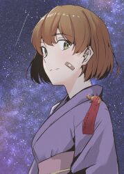 1girl alternate_costume bandaid bandaid_on_face brown_eyes brown_hair crab_on_shoulder grey_kimono highres japanese_clothes kantai_collection kimono milky_way night night_sky oboro_(kancolle) shooting_star short_hair sky solo star_(sky) taira_yuuki tanzaku yukata
