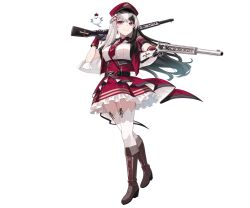 Rule 34 | 1girl, bird, black gloves, black hair, breasts, brown shoes, center frills, closed mouth, frilled skirt, frills, full body, garter straps, gloves, gun, hair ornament, hat, highres, himemori hotaru, holding, holding gun, holding weapon, large breasts, luminaria pro, multicolored hair, necktie, official art, red eyes, red hat, red necktie, red skirt, shirt, shoes, simple background, skirt, smile, solo, split-color hair, takehana note, thighhighs, transparent background, virtual youtuber, weapon, white hair, white shirt, white thighhighs, x hair ornament