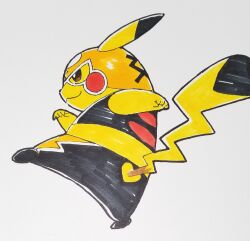 Rule 34 | closed mouth, clothed pokemon, commentary request, cosplay pikachu, from side, gen 1 pokemon, highres, kicking, marker (medium), nintendo, pikachu, pikachu libre, pokemon, pokemon (creature), pokemon focus, simple background, smile, solo, standing, standing on one leg, sugimori ken, traditional media, white background, wrestling mask, wrestling outfit