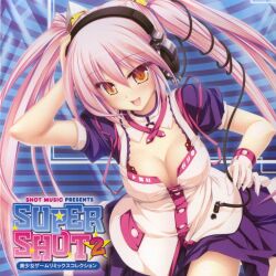 Rule 34 | 1girl, album cover, breasts, cable, cable tail, cleavage, company name, copyright name, cover, dress, electric plug, fast forward button, gloves, headphones, highres, logo, long hair, looking at viewer, mechanical tail, media player interface, medium breasts, netorare, open mouth, original, pause button, pink hair, play button, progress bar, puffy short sleeves, puffy sleeves, purple dreess, rewind button, robot ears, short sleeves, shuffle button, smile, solo, tail, tenmaso, twintails, white gloves, wrist cuffs, yellow eyes