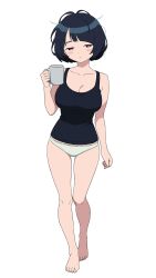 1girl barefoot black_hair blue_eyes breasts cleavage closed_mouth collarbone cup full_body gundam gundam_gquuuuuux half-closed_eyes highres holding holding_cup large_breasts legs messy_hair mug no_pants panties shiiko_sugai short_hair simple_background solo standing tank_top ty_tsf underwear white_background white_panties